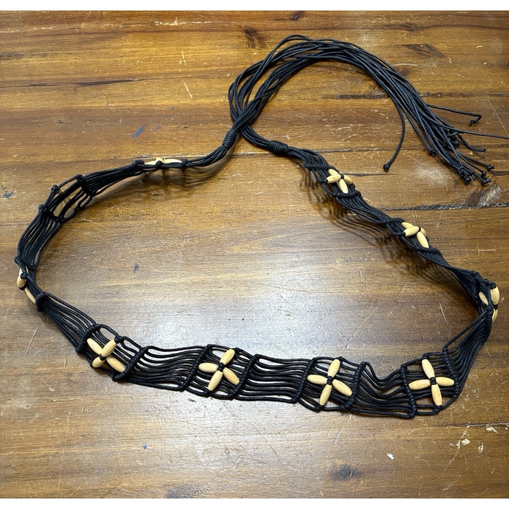 Y2K Vtg Macrame Wooded Beaded Fashion Belt Tie Tassel Fringe Black Dark Boho